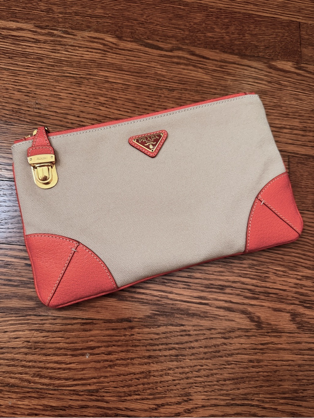 PRADA AUTHENTIC Beige Linen and Orange Leather Canapa Clutch + Crossbody Chain